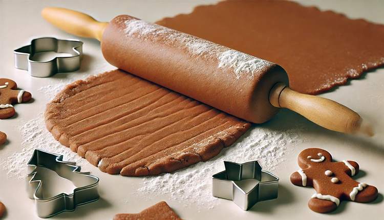 Gingerbread cookie dough being rolled with a rolling pin and cookie cutters