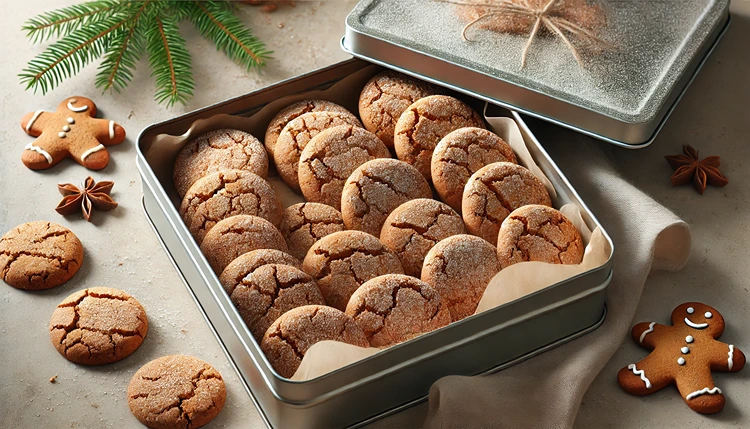 Freshly baked vegan gingerbread cookies in a tin box