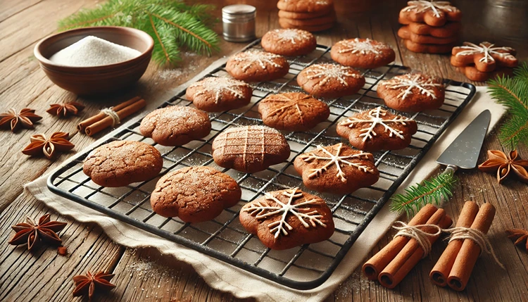 Gingerbread cookies cooling on a wire rack