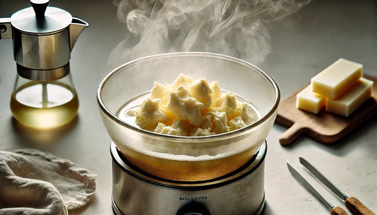 Cacao butter melting in a double boiler for vegan fudge.