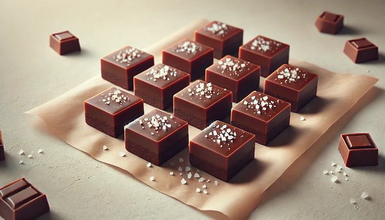 Vegan chocolate fudge squares with sea salt on parchment paper.