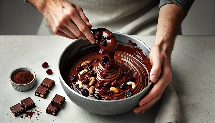 Dried cranberries and nuts being folded into sugar-free vegan fudge batter.