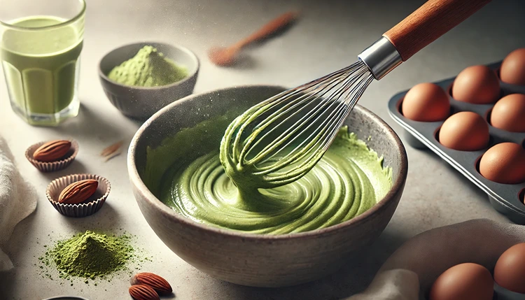 Whisk stirring vegan matcha cupcake batter in a bowl