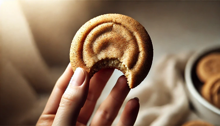 A vegan snickerdoodle cookie with a bite taken out